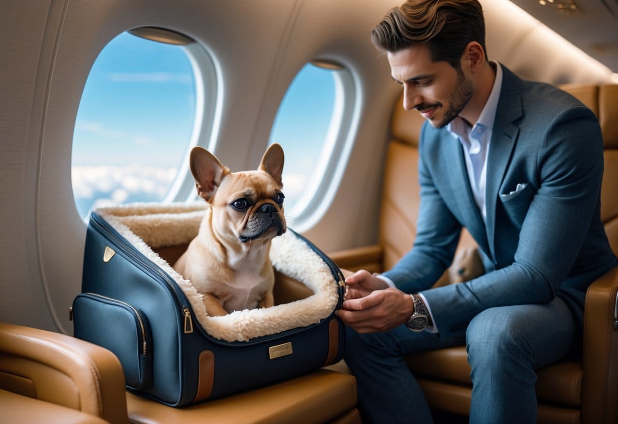 A small dog sitting comfortably inside a plush pet carrier in an upscale travel setting, with a traveler nearby showing care.