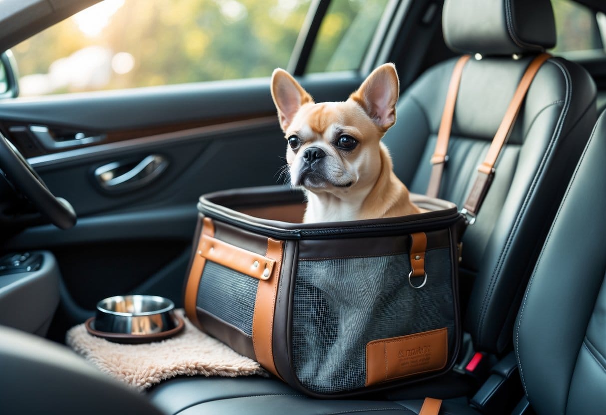 A small dog sitting comfortably inside a luxury pet carrier on the backseat of a modern car.