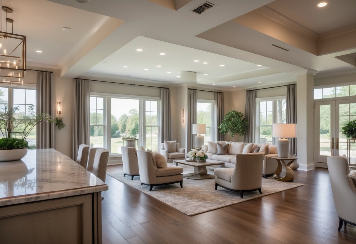 A bright and spacious living room with comfortable seating, large windows, and elegant finishes including hardwood floors and decorative accents.