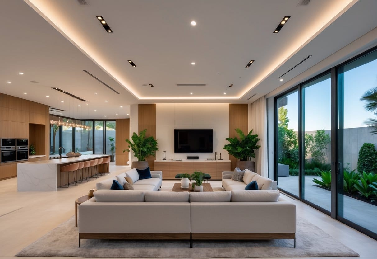 A bright, spacious living room with modern furniture, large windows, and an open kitchen area in a luxury home.