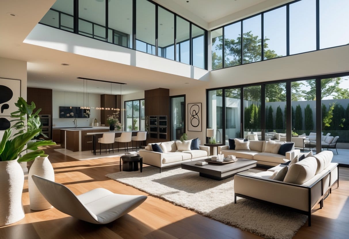A modern luxury living room with large windows, contemporary furniture, and an open kitchen in the background.