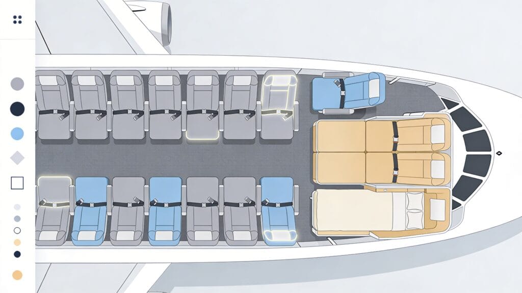 Illustrated airline seat map interface showing a widebody cabin from a top-down view, with different seat types distinguished by colors and shapes—standard economy seats in one color, extra-legroom seats in another, and larger lie-flat business suites at the front—with a selected seat highlighted and a simple sidebar suggesting filters and a legend, all without any readable text or branding.