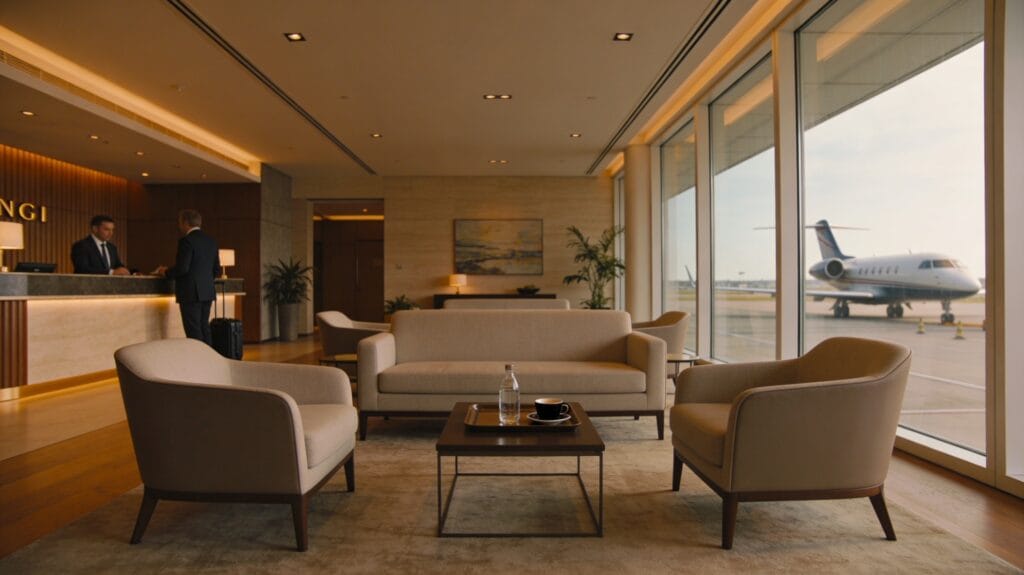 Warm, softly lit private jet terminal lounge designed like a boutique hotel, with contemporary armchairs and sofas grouped around a low coffee table, floor‑to‑ceiling windows looking out to a blurred private jet on the apron, wood flooring with area rugs, plants, and a discreet check‑in desk in the background where staff quietly assist a traveler.