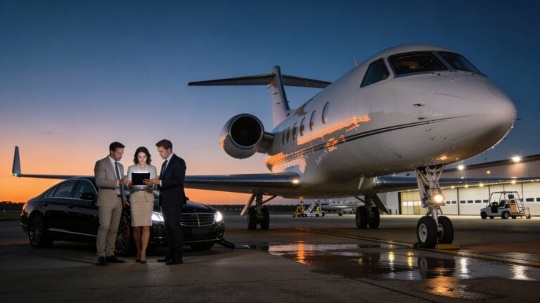 Modern white midsize private jet parked on a quiet airport apron at dusk, viewed from a three-quarter front angle, with three business travelers and a broker standing beside a black sedan in the foreground reviewing a digital tablet, soft apron lights and a low private terminal building in the background, and a warm-to-deep-blue evening sky reflecting off the slightly wet tarmac. (see the image above)