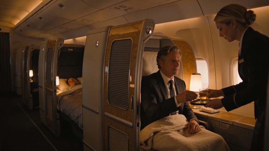 Modern long-haul business class cabin with private suites, where a cabin crew member in an elegant uniform quietly serves a drink or small tray to an awake passenger sitting upright in a partially open suite, while the adjacent suite shows a lie-flat bed with a sleeping passenger under a duvet in dimmer light, undisturbed behind a mostly closed door.