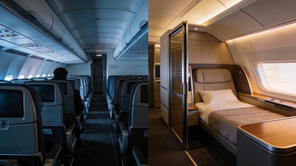 Split-screen airplane cabin scene comparing a cramped economy section on the left, with narrow 3‑3 seats, limited legroom, and cooler harsh lighting, against a spacious lie‑flat business class suite on the right, featuring a wide seat that extends into a bed inside a private pod with a partially open door, warm ambient lighting, and ample side table space.