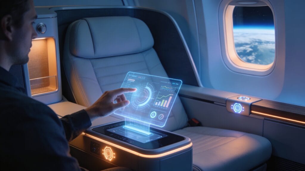 Futuristic first or business class airline suite with a wide lie-flat seat in a sleek pod, cool blue and warm ambient lighting, a passenger seated and interacting with a floating semi-transparent holographic display above a console, and soft-glowing biometric sensors on the armrest and side panel, with a window showing a high-altitude sky.