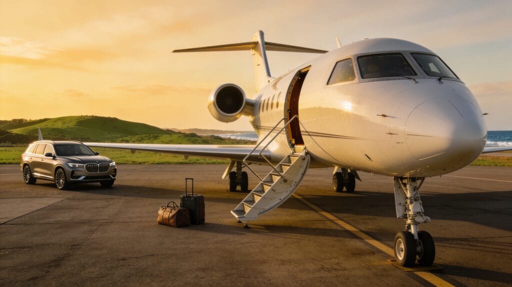 Modern white light private jet on a quiet regional airport apron at golden hour, viewed from a three-quarter front angle with its cabin door open and a short airstair down, a premium SUV parked off to the side and a few weekender bags nearby, low green hills and hints of a distant coastline under a warm sky suggesting an effortless luxury weekend getaway.