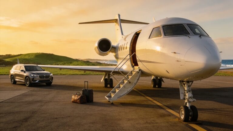 Modern white light private jet on a quiet regional airport apron at golden hour, viewed from a three-quarter front angle with its cabin door open and a short airstair down, a premium SUV parked off to the side and a few weekender bags nearby, low green hills and hints of a distant coastline under a warm sky suggesting an effortless luxury weekend getaway.