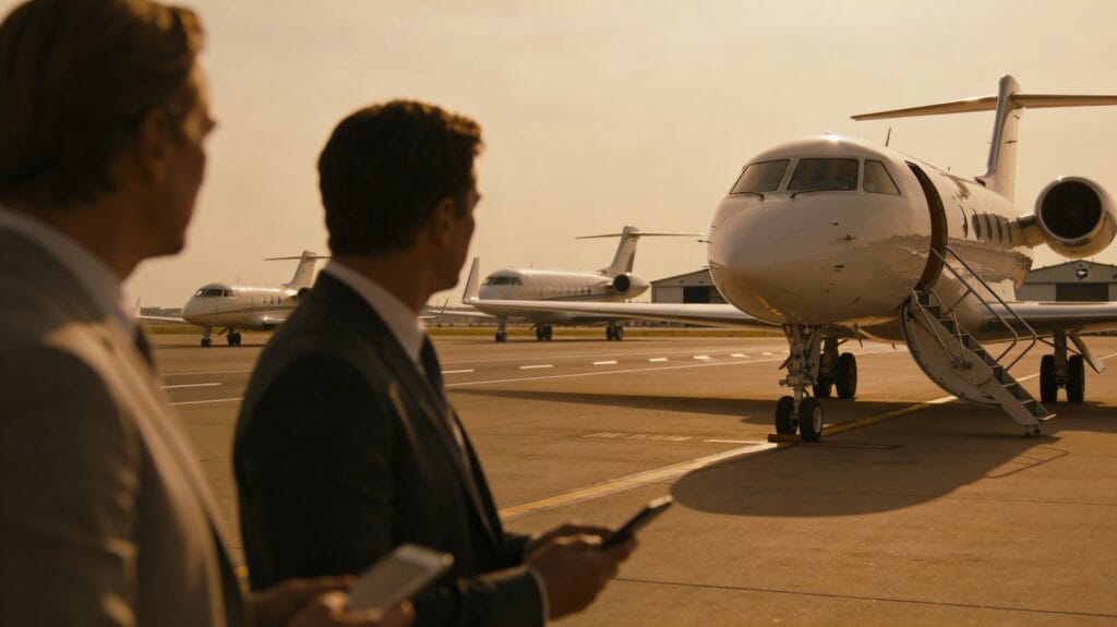 Realistic 16:9 image of a sleek white mid-size private jet parked on a sunlit runway at golden hour, viewed from a three-quarter front angle with its airstairs down and soft reflections on the fuselage. On the left side in the foreground, two business travelers in understated, smart clothing stand slightly out of focus, looking toward the aircraft while one holds a tablet or phone as if reviewing options. Farther down the tarmac in the mid-background, a smaller light jet and a larger long-range jet are parked, slightly blurred, hinting at different aircraft categories and choices. Behind them, a low terminal building or FBO with hangars sits under a warm, hazy sky, with runway markings visible but no readable text, logos, or numbers anywhere in the scene.