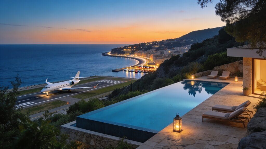 A Mediterranean hillside villa terrace with an infinity pool overlooking a deep blue sea at sunset, with lounge chairs and soft lantern lighting in the foreground, a small coastal runway and a white midsize private jet near the shoreline in the mid-distance, and a curving coastline lined with warm lights from waterfront restaurants and a coastal town under a gradient orange‑to‑blue evening sky.
