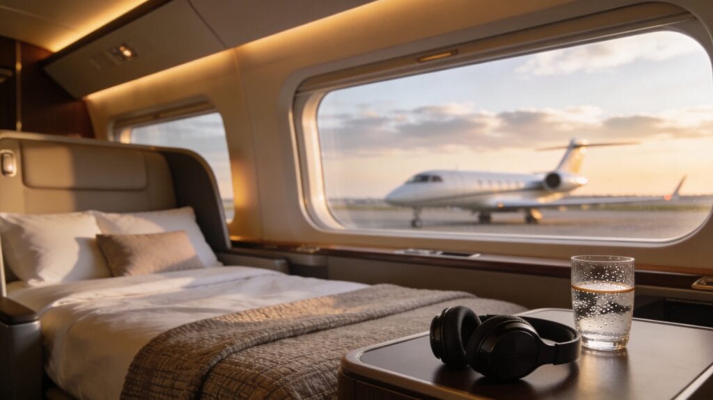 Modern long-haul business/first-class suite on a wide-body airliner, with a wide lie-flat bed made up with plush bedding beside large windows showing high-altitude sky, warm ambient lighting and ample side table space in the foreground, while a smaller private jet sits blurred on the tarmac outside, visually suggesting that the spacious premium cabin can rival or beat a private jet for long-haul comfort.
