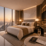 A cinematic high-end travel scene with a luxury suite, skyline views, and premium travel essentials.