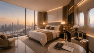 A cinematic high-end travel scene with a luxury suite, skyline views, and premium travel essentials.