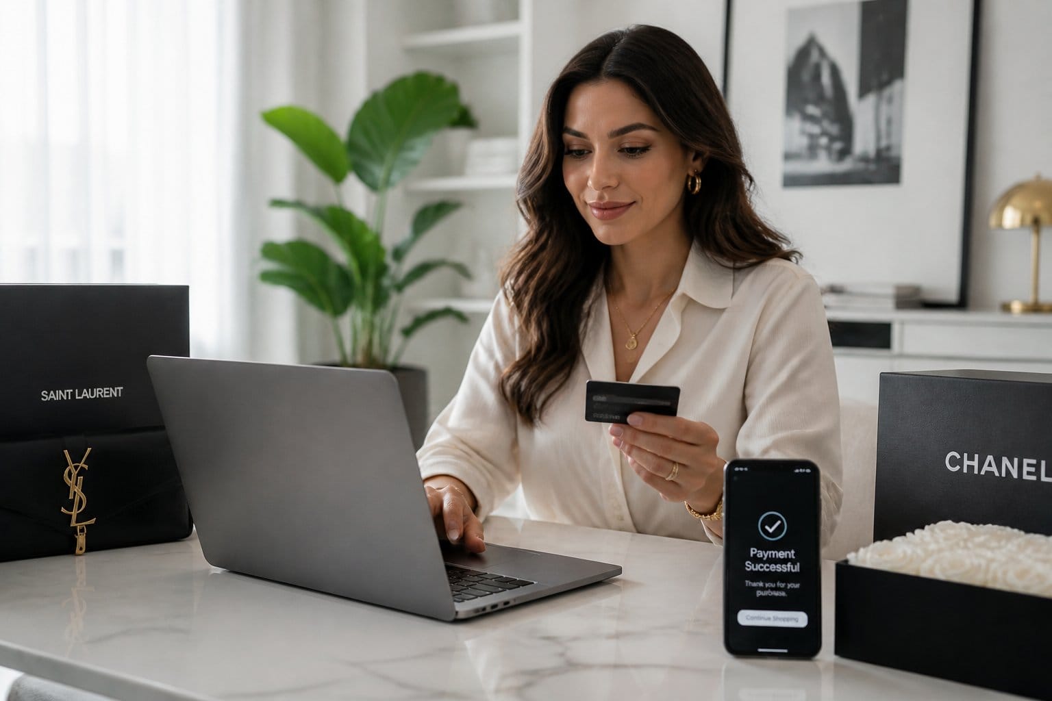 A woman shopping online for luxury fashion on a laptop in a bright, modern room with a credit card and a package nearby.